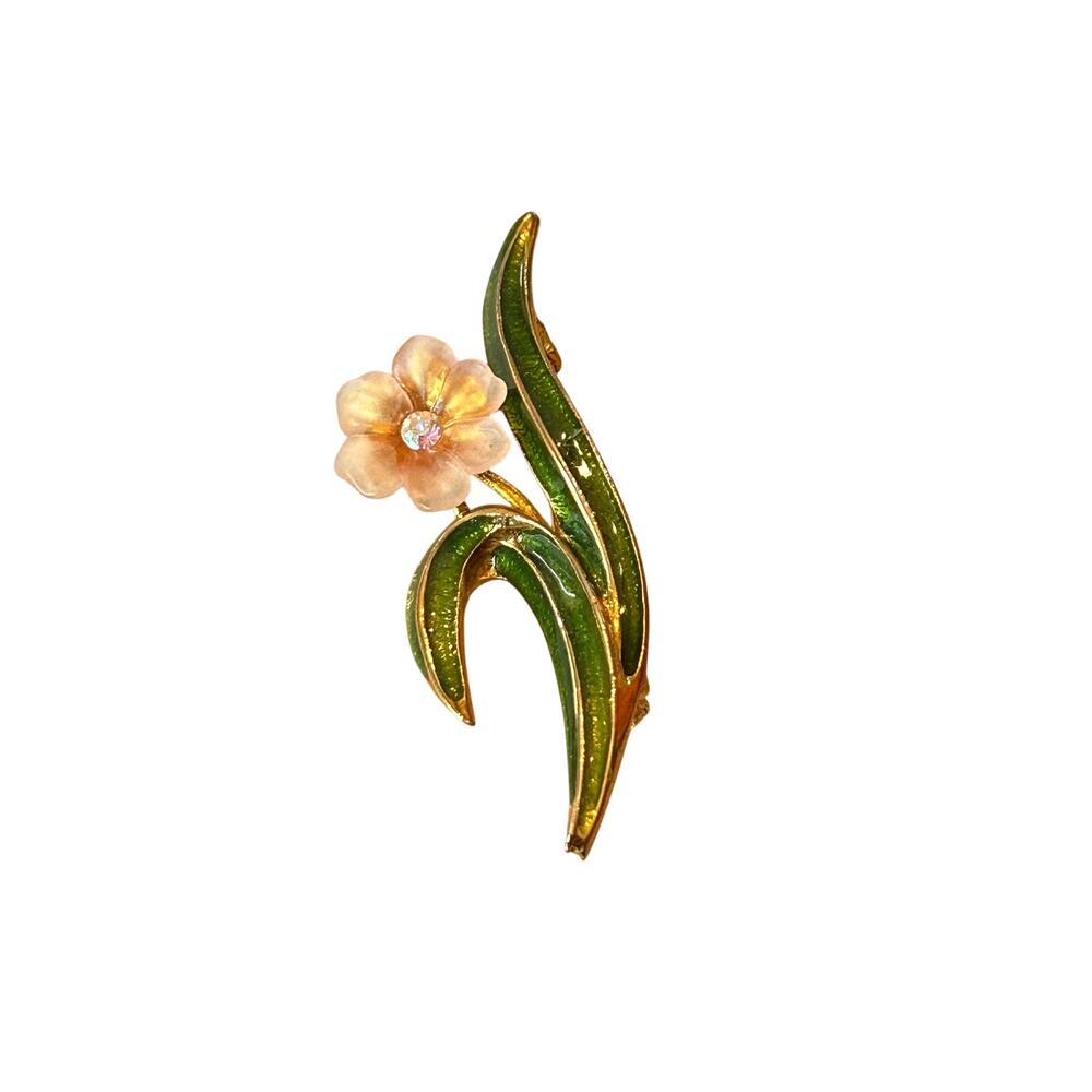 Vintage Signed LIA Gold Tone Enamel Flower Brooch Green Leaves